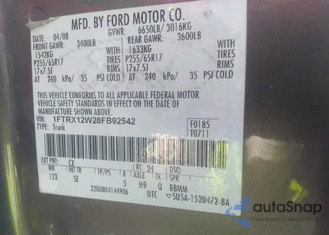 2008 Ford F-150 Fx2/Stx/Xl/Xlt from USA, damaged, VIN 1FTRX12W28FB92542